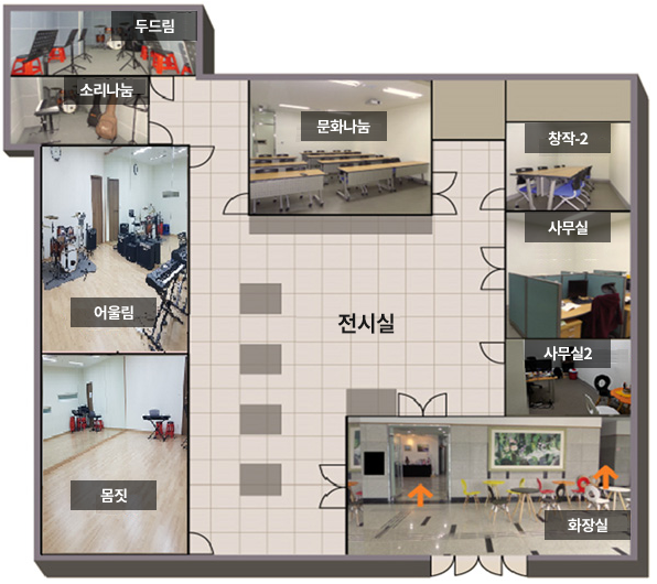 총 8개 두드림 소리나눔 어울림 몸짓 문화나눔 창작-2 사무실 사무실2 의 방과 한개의 화장실 그리고 전시실로 이뤄진 시설사진 